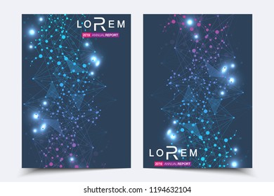 Scientific brochure design template. Vector flyer layout, Molecular structure with connected lines and dots. Scientific pattern atom DNA with elements for magazine, leaflet, cover, poster design