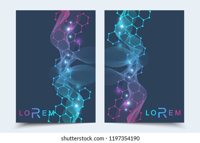 Scientific brochure design template. Vector flyer layout, Molecular structure with connected lines and dots. Scientific pattern atom DNA with elements for magazine, leaflet, cover, poster design