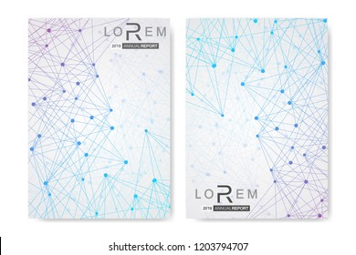 Scientific brochure design template. Vector flyer layout, Molecular structure with connected lines and dots. Scientific pattern atom DNA with elements for magazine, leaflet, cover, poster design