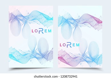 Scientific brochure design template. Vector flyer layout, Molecular structure with connected lines and dots. Scientific pattern atom DNA with elements for magazine, leaflet, cover, poster design