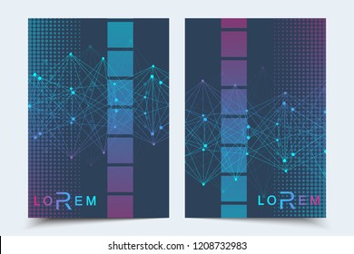 Scientific brochure design template. Vector flyer layout, Molecular structure with connected lines and dots. Scientific pattern atom DNA with elements for magazine, leaflet, cover, poster design
