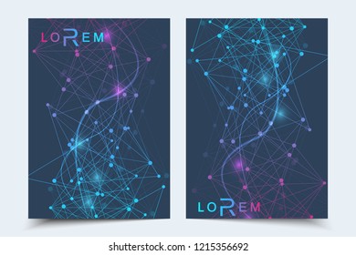 Scientific brochure design template. Vector flyer layout, Molecular structure with connected lines and dots. Scientific pattern atom DNA with elements for magazine, leaflet, cover, poster design