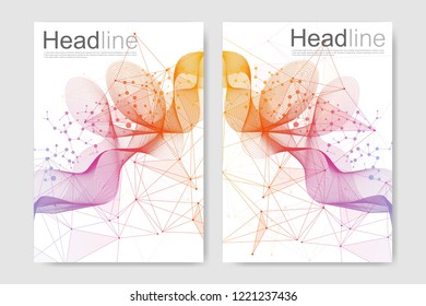 Scientific brochure design template. Vector flyer layout, Molecular structure with connected lines and dots. Scientific pattern atom DNA with elements for magazine, leaflet, cover, poster design