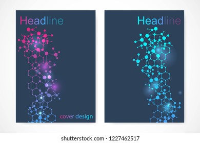 Scientific brochure design template. Vector flyer layout, Molecular structure with connected lines and dots. Scientific pattern atom DNA with elements for magazine, leaflet, cover, poster design