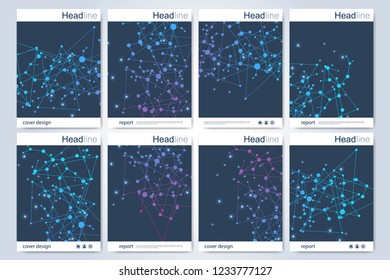 Scientific brochure design template. Vector flyer layout, Molecular structure with connected lines and dots. Scientific pattern atom DNA with elements for magazine, leaflet, cover, poster design
