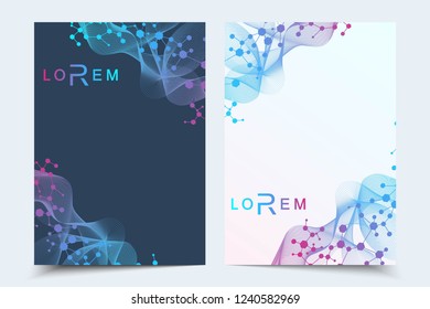 Scientific brochure design template. Vector flyer layout, Molecular structure with connected lines and dots. Scientific pattern atom DNA with elements for magazine, leaflet, cover, poster design