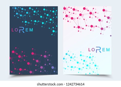 Scientific brochure design template. Vector flyer layout, Molecular structure with connected lines and dots. Scientific pattern atom DNA with elements for magazine, leaflet, cover, poster design