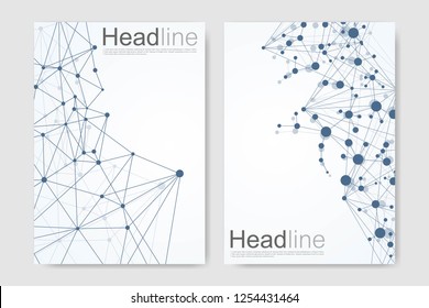 Scientific brochure design template. Vector flyer layout, Molecular structure with connected lines and dots. Scientific pattern atom DNA with elements for magazine, leaflet, cover, poster design.