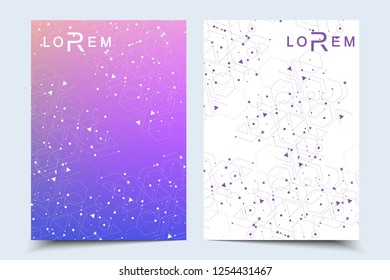 Scientific brochure design template. Vector flyer layout, Molecular structure with connected lines and dots. Scientific pattern atom DNA with elements for magazine, leaflet, cover, poster design