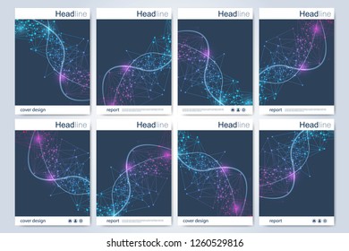 Scientific brochure design template. Vector flyer layout, Molecular structure with connected lines and dots. Scientific pattern atom DNA with elements for magazine, leaflet, cover, poster design.
