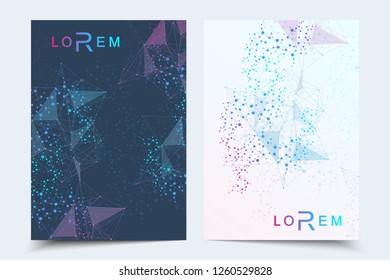Scientific brochure design template. Vector flyer layout, Molecular structure with connected lines and dots. Scientific pattern atom DNA with elements for magazine, leaflet, cover, poster design
