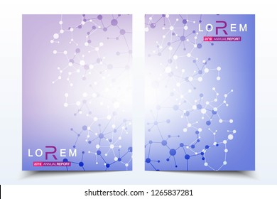 Scientific brochure design template. Vector flyer layout, Molecular structure with connected lines and dots. Scientific pattern atom DNA with elements for magazine, leaflet, cover, poster design