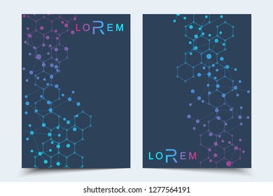 Scientific brochure design template. Vector flyer layout, Molecular structure with connected lines and dots. Scientific pattern atom DNA with elements for magazine, leaflet, cover, poster design