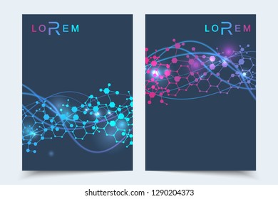 Scientific brochure design template. Vector flyer layout, Molecular structure with connected lines and dots. Scientific pattern atom DNA with elements for magazine, leaflet, cover, poster design
