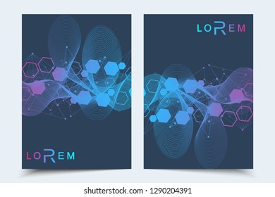 Scientific brochure design template. Vector flyer layout, Molecular structure with connected lines and dots. Scientific pattern atom DNA with elements for magazine, leaflet, cover, poster design