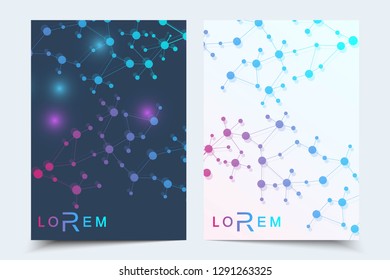 Scientific brochure design template. Vector flyer layout, Molecular structure with connected lines and dots. Scientific pattern atom DNA with elements for magazine, leaflet, cover, poster design