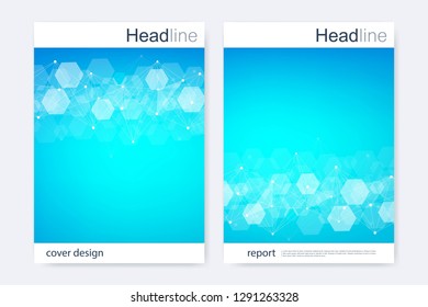 Scientific brochure design template. Vector flyer layout, Molecular structure with connected lines and dots. Scientific pattern atom DNA with elements for magazine, leaflet, cover, poster design