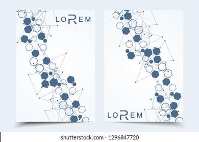 Scientific brochure design template. Vector flyer layout, Molecular structure with connected lines and dots. Scientific pattern atom DNA with elements for magazine, leaflet, cover, poster design