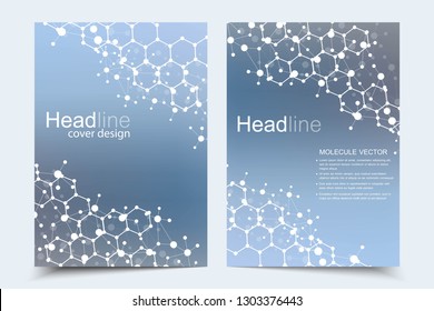 Scientific brochure design template. Vector flyer layout, Molecular structure with connected lines and dots. Scientific pattern atom DNA with elements for magazine, leaflet, cover, poster design