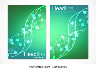 Scientific brochure design template. Vector flyer layout, Molecular structure with connected lines and dots. Scientific pattern atom DNA with elements for magazine, leaflet, cover, poster design