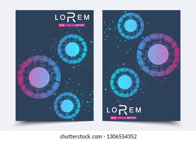 Scientific brochure design template. Vector flyer layout, Molecular structure with connected lines and dots. Scientific pattern atom DNA with elements for magazine, leaflet, cover, poster design