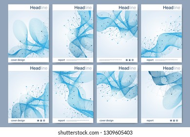 Scientific brochure design template. Vector flyer layout, Molecular structure with connected lines and dots. Scientific pattern atom DNA with elements for magazine, leaflet, cover, poster design.