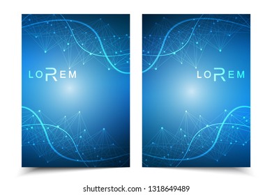Scientific brochure design template. Vector flyer layout, Molecular structure with connected lines and dots. Scientific pattern atom DNA with elements for magazine, leaflet, cover, poster design.