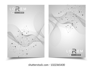 Scientific brochure design template. Vector flyer layout, Molecular structure with connected lines and dots. Scientific pattern atom DNA with elements for magazine, leaflet, cover, poster design.