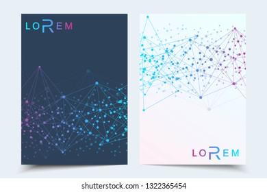 Scientific brochure design template. Vector flyer layout, Molecular structure with connected lines and dots. Scientific pattern atom DNA with elements for magazine, leaflet, cover, poster design.