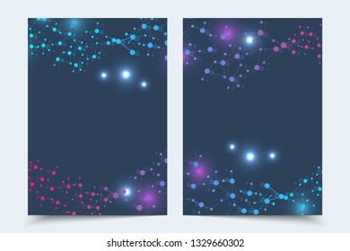Scientific brochure design template. Vector flyer layout, Molecular structure with connected lines and dots. Scientific pattern atom DNA with elements for magazine, leaflet, cover, poster design.