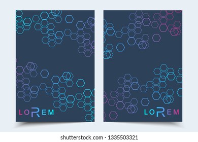 Scientific brochure design template. Vector flyer layout, Molecular structure with connected lines and dots. Scientific pattern atom DNA with elements for magazine, leaflet, cover, poster design.