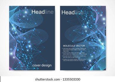 Scientific brochure design template. Vector flyer layout, Molecular structure with connected lines and dots. Scientific pattern atom DNA with elements for magazine, leaflet, cover, poster design.