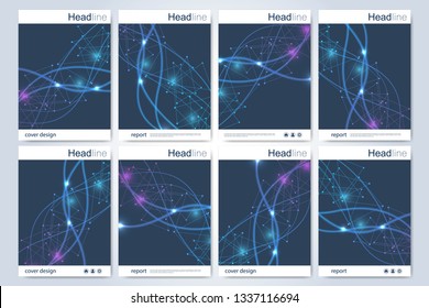 Scientific brochure design template. Vector flyer layout, Molecular structure with connected lines and dots. Scientific pattern atom DNA with elements for magazine, leaflet, cover, poster design.