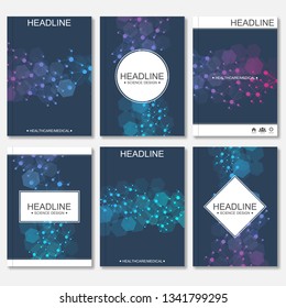 Scientific brochure design template. Vector flyer layout, Molecular structure with connected lines and dots. Scientific pattern atom DNA with elements for magazine, leaflet, cover, poster design.