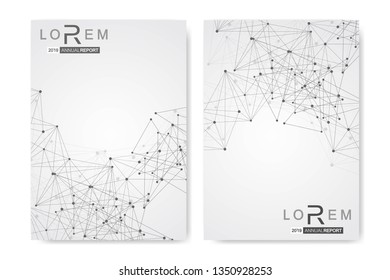 Scientific brochure design template. Vector flyer layout, Molecular structure with connected lines and dots. Scientific pattern atom DNA with elements for magazine, leaflet, cover, poster design.