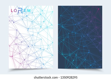 Scientific brochure design template. Vector flyer layout, Molecular structure with connected lines and dots. Scientific pattern atom DNA with elements for magazine, leaflet, cover, poster design.