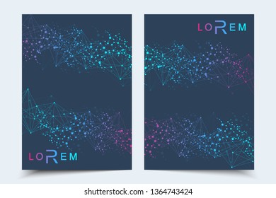 Scientific brochure design template. Vector flyer layout, Molecular structure with connected lines and dots. Scientific pattern atom DNA with elements for magazine, leaflet, cover, poster design.