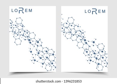 Scientific brochure design template. Vector flyer layout, Molecular structure with connected lines and dots. Scientific pattern atom DNA with elements for magazine, leaflet, cover, poster design.