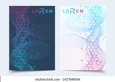Scientific brochure design template. Vector flyer layout, Molecular structure with connected lines and dots. Scientific pattern atom DNA with elements for magazine, leaflet, cover, poster design.
