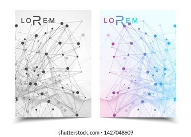 Scientific brochure design template. Vector flyer layout, Molecular structure with connected lines and dots. Scientific pattern atom DNA with elements for magazine, leaflet, cover, poster design.