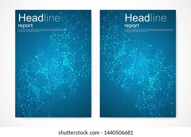 Scientific brochure design template. Vector flyer layout, Molecular structure with connected lines and dots. Scientific pattern atom DNA with elements for magazine, leaflet, cover, poster design.