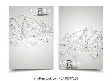 Scientific brochure design template. Vector flyer layout, Molecular structure with connected lines and dots. Scientific pattern atom DNA with elements for magazine, leaflet, cover, poster design.