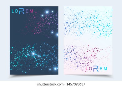 Scientific brochure design template. Vector flyer layout, Molecular structure with connected lines and dots. Scientific pattern atom DNA with elements for magazine, leaflet, cover, poster design.