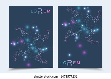 Scientific brochure design template. Vector flyer layout, Molecular structure with connected lines and dots. Scientific pattern atom DNA with elements for magazine, leaflet, cover, poster design.