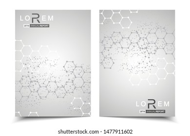 Scientific brochure design template. Vector flyer layout, Molecular structure with connected lines and dots. Scientific pattern atom DNA with elements for magazine, leaflet, cover, poster design.