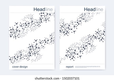 Scientific brochure design template. Vector flyer layout, Molecular structure with connected lines and dots. Scientific pattern atom DNA with elements for magazine, leaflet, cover, poster design.