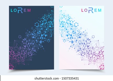 Scientific brochure design template. Vector flyer layout, Molecular structure with connected lines and dots. Scientific pattern atom DNA with elements for magazine, leaflet, cover, poster design.