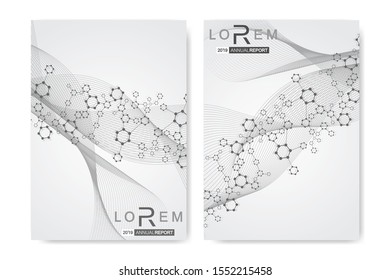 Scientific brochure design template. Vector flyer layout, Molecular structure with connected lines and dots. Scientific pattern atom DNA with elements for magazine, leaflet, cover, poster design.