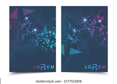 Scientific brochure design template. Vector flyer layout, Molecular structure with connected lines and dots. Scientific pattern atom DNA with elements for magazine, leaflet, cover, poster design.
