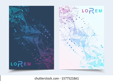 Scientific brochure design template. Vector flyer layout, Molecular structure with connected lines and dots. Scientific pattern atom DNA with elements for magazine, leaflet, cover, poster design. - Powered by Shutterstock - Get 15% off with code: PIKWIZARD15